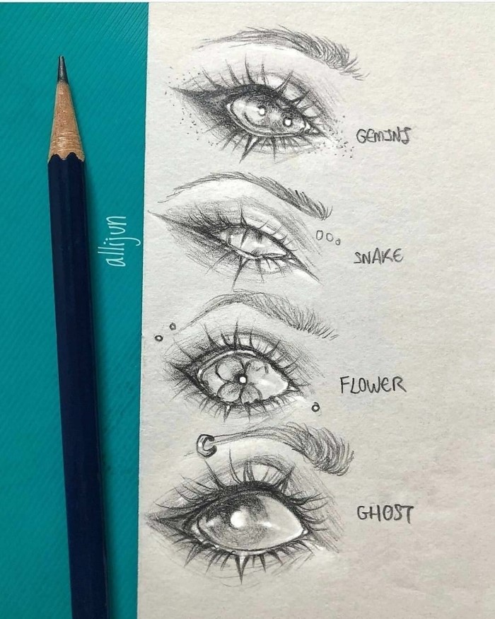 gemini and snake, flower and ghost, four drawings of eyes with different irises, eyelashes drawing, black pencil sketch on white background