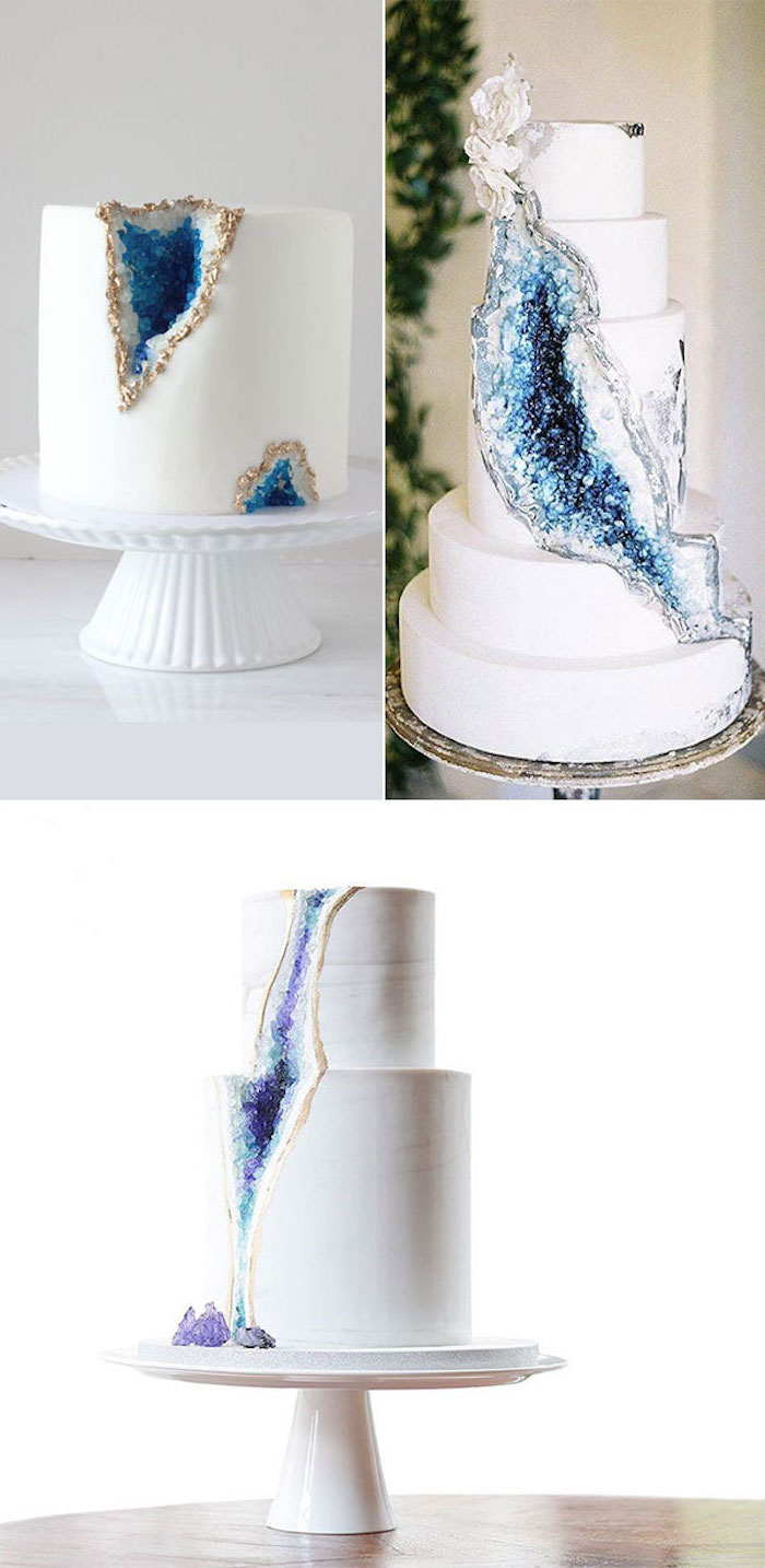 photo collage of three different cakes, covered with white fondant, how to make a geode cake, decorated with blue rock candy