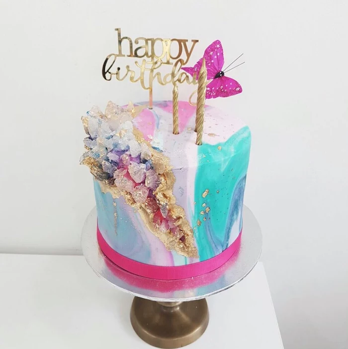 happy birthday cake topper, rock candy cake, one tier cake, covered with colorful fondant, decorated with colorful rock candy