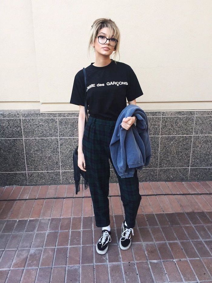 comme des garcons black t shirt, dark green plaid trousers, cute outfits for kids, black vans shoes