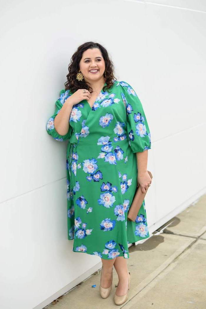 easter dresses 2019, woman with brown curly hair, wearing green dress with floral print, nude heels