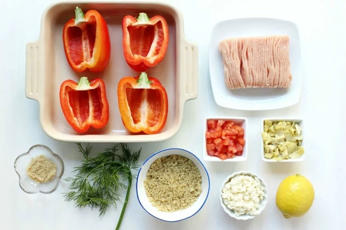 red bell peppers cut in half, bowls and plates with different ingredients, easy weeknight dinners, stuffed bell peppers