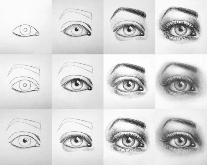 drawing a realistic eye, how to draw eyes easy, step by step diy tutorial in twelve steps, black pencil sketch on white background