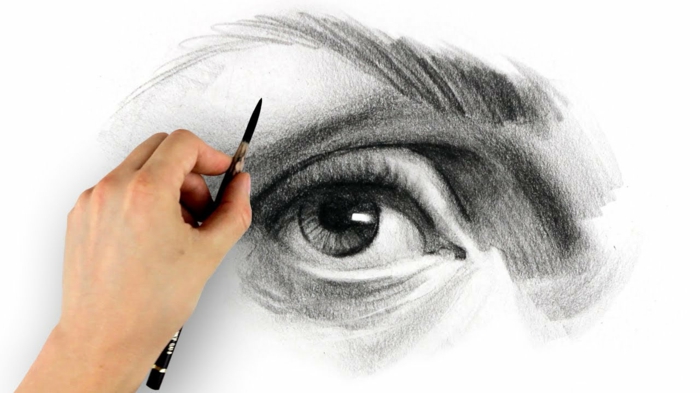 black pencil sketch on white background, how to draw eyes easy, drawing of an eye looking to the side