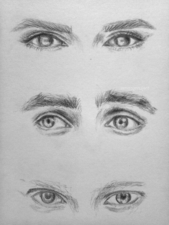 three sets of eyes with different expressions, black pencil sketch on white background, eye drawing step by step