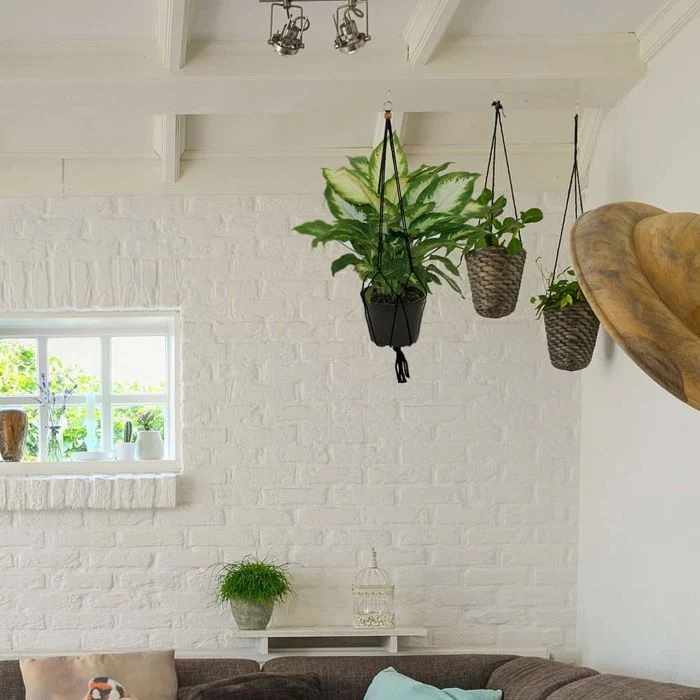three different plants hanging from the ceiling, macrame plant hanger tutorials, living room with white brick wall