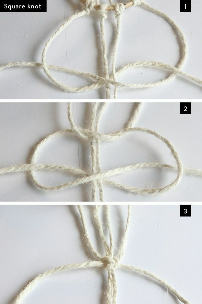 how to make a squaare knot, step by step diy tutorial, how to macrame, photo collage of tutorial