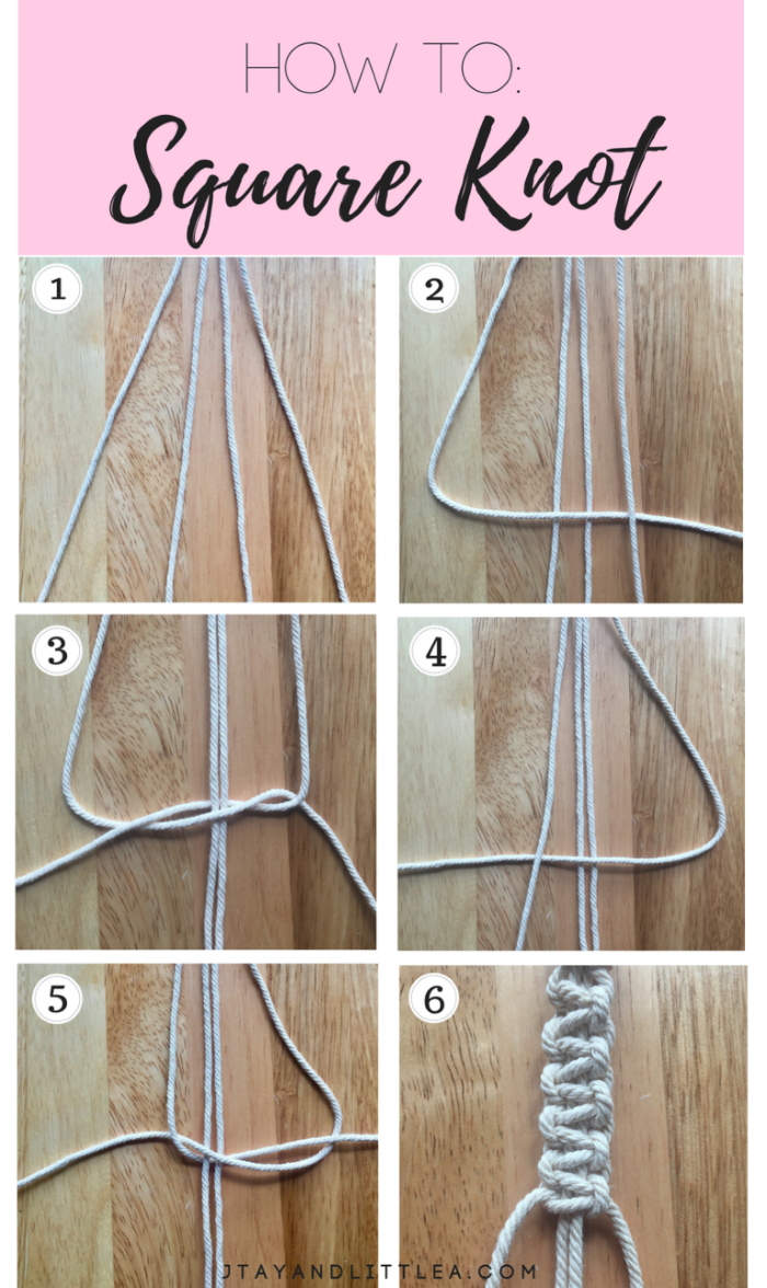 how to square knot, 5 minute macrame plant hanger, step by step diy tutorial, placed on wooden surface
