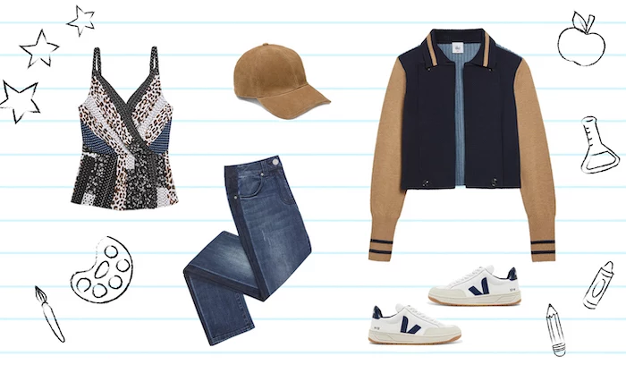 brown and navy blue bomber jacket, middle school outfits, jeans and leopard print top, white sneakers