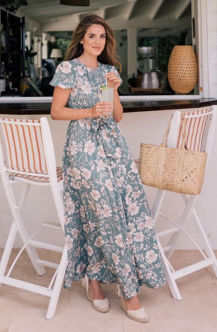 woman with long brown hair, wearing a long dress with floral print, easter dresses 2019, white sandals