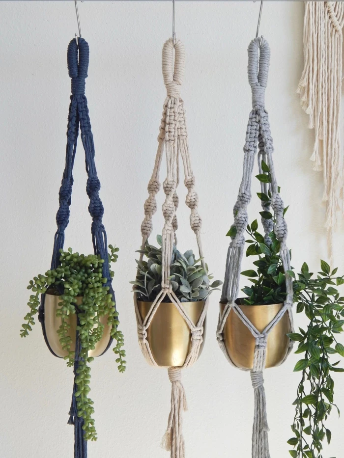 macrame in black white and grey, 5 minute macrame plant hanger, plants hanging from the ceiling
