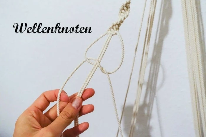 macrame plant hanger, step by step diy tutorial for a macrame knot, white background