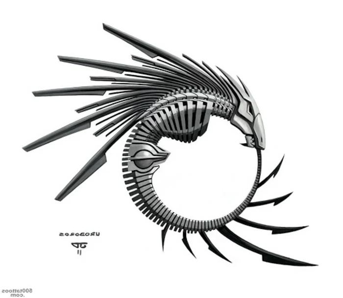 mechanic dragon skeleton with wings, black drawing on white background, ouroboros symbol