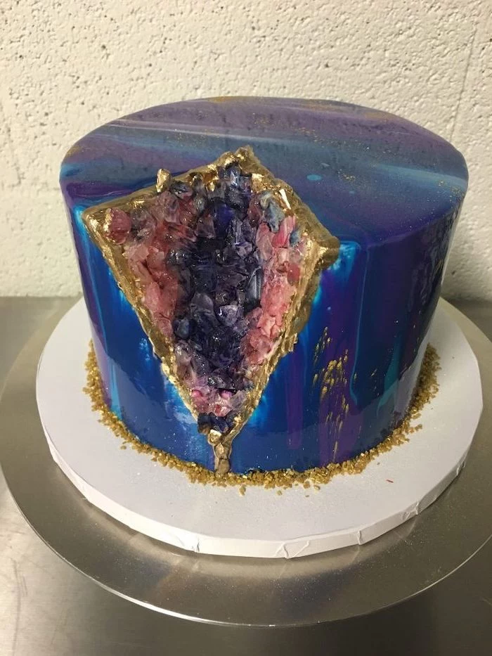 galaxy cake, mirror glaze cake, one tier cake with galaxy mirror glaze, geode cake recipe, decorated with pink and purple rock candy