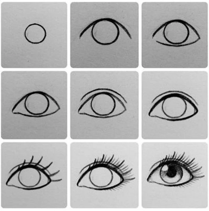 step by step diy tutorial in nine steps, eye drawing step by step, black pencil sketch on white background