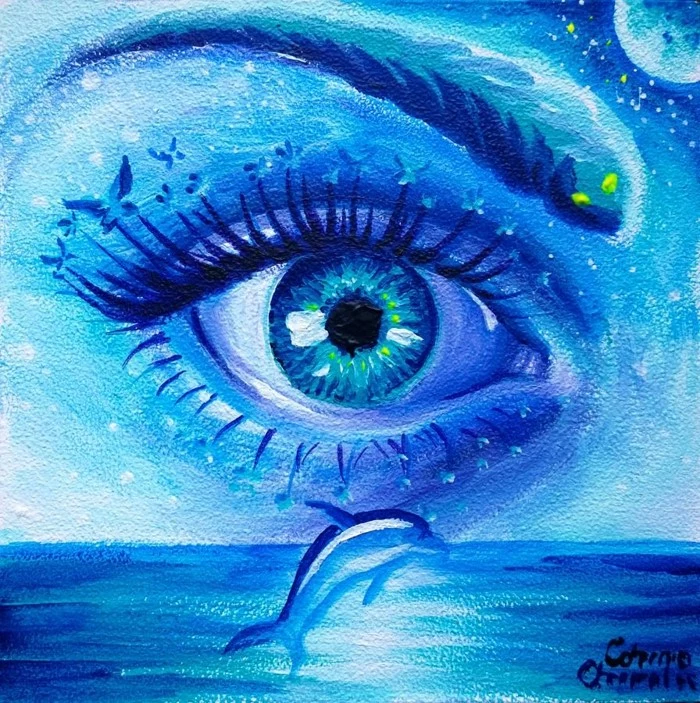painting of an ocean landscape, dolphin in the ocean, how to draw eyes for beginners, blue eye in the sky