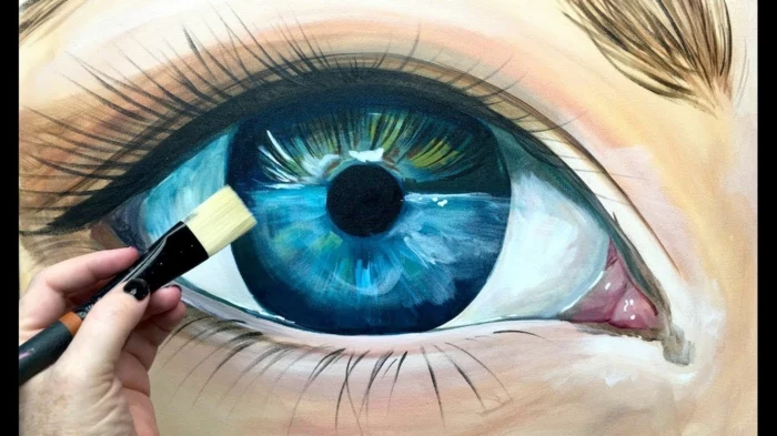 painting of a blue eye with long lashes, how to draw eyes for beginners, colored drawing