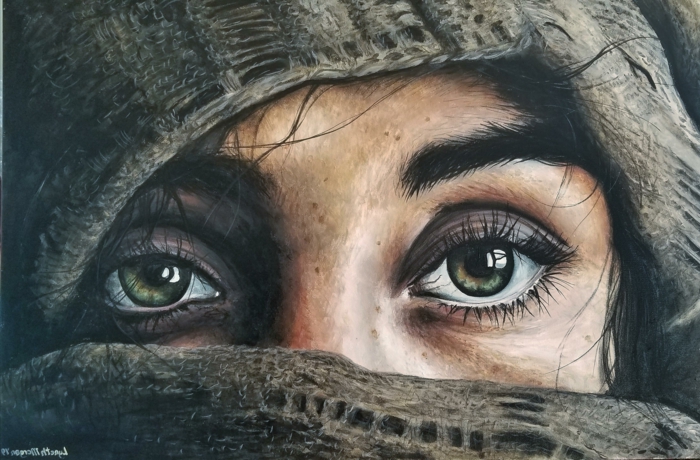 painting of a woman with green eyes, wrapped in a grey scarf, how to draw eyes for beginners, thick black eyebrows