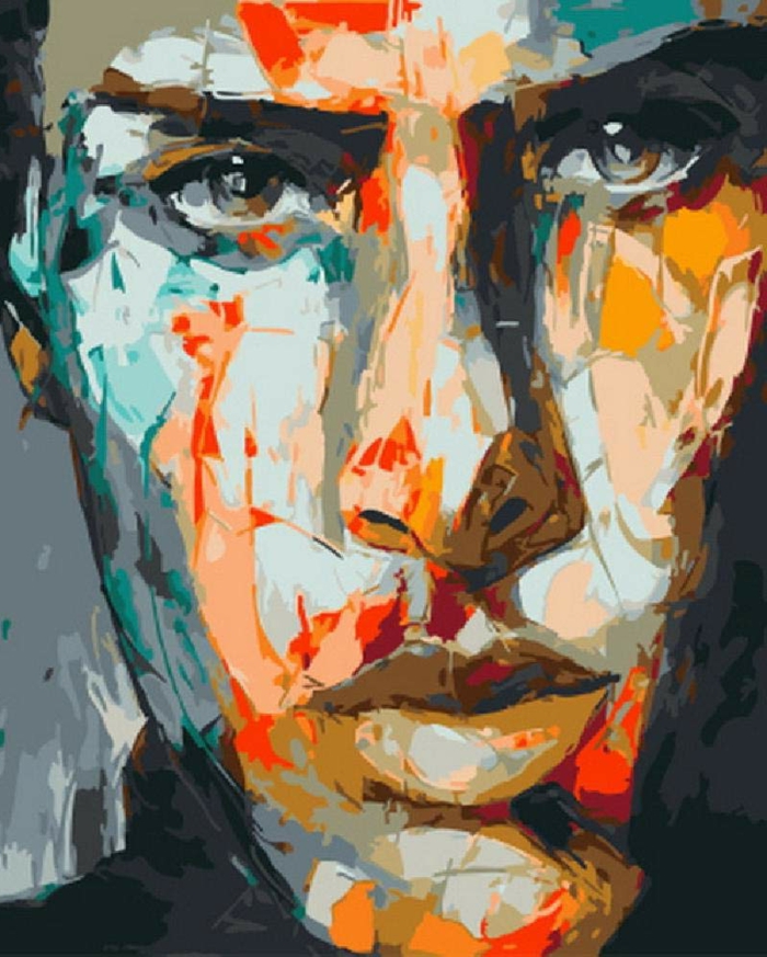 oil painting of close up of a male face, colored in different colors, how to draw eyes for beginners, multi colored eyes
