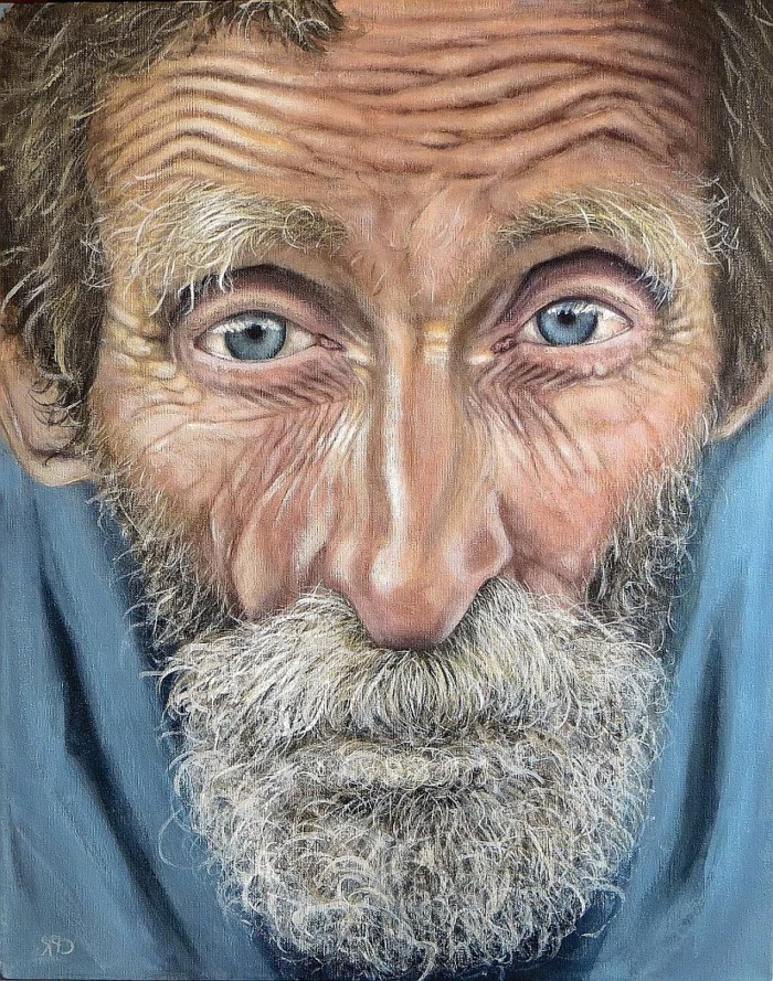 drawing of an old man with blue eyes and white beard, eye drawing easy, realistic painting of close up of a face