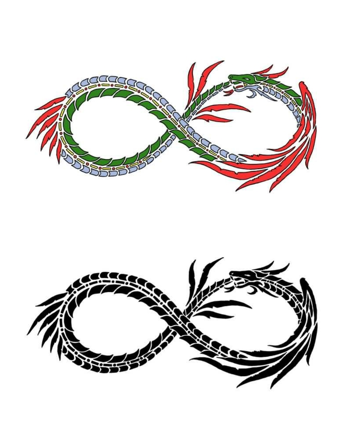 two dragons as infinity symbols, one colored in green red and blue, one in black, ouroboros dragon