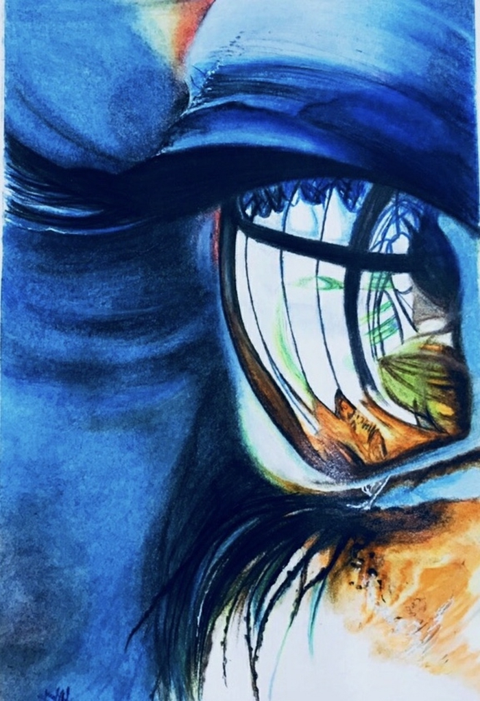 painting of an eye with long lashes, cool eye drawings, blue background, colorful oil painting