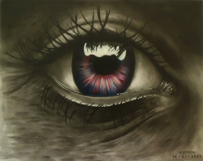 drawing of a multi colored eye with long lashes, pencil drawing, cool eye drawings