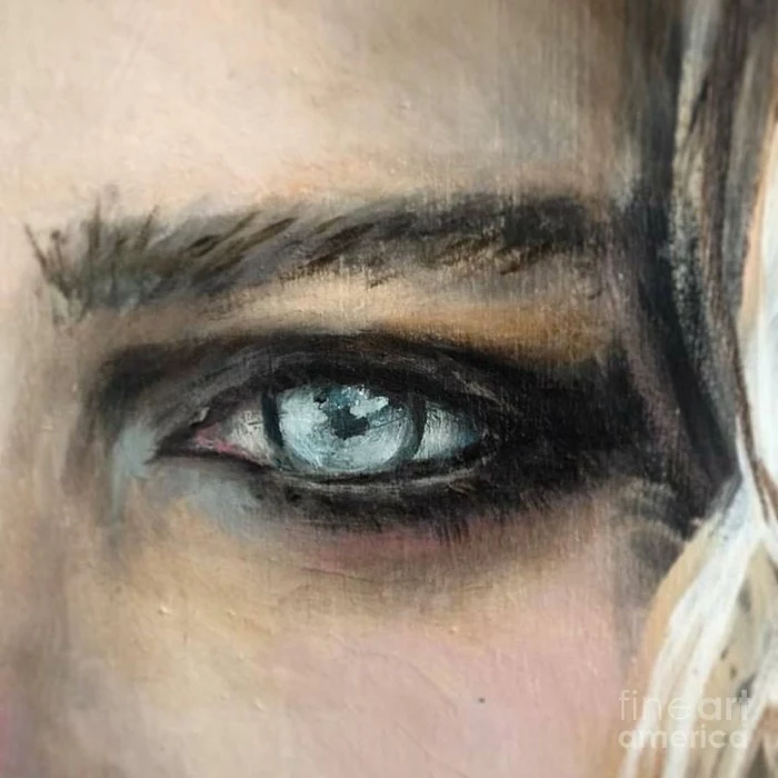 oil painting of a female icy blue eye, crying eye drawing, thick eyebrow above the eye