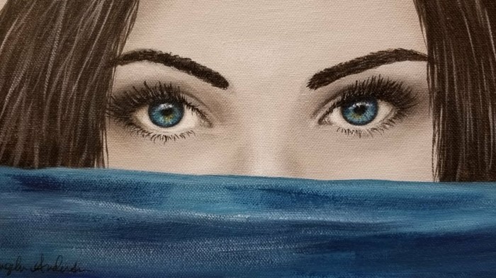 painting of a girl with brown hair, covering her mouth with blue scarf, how to draw closed eyes, blue eyes and thin eyebrows