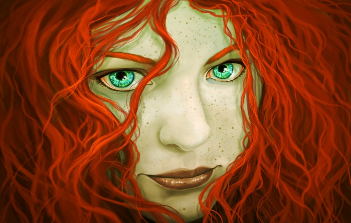 painting of a girl with curly red hair, large turquoise eyes, crying eye drawing, colorful painting