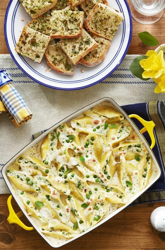 pea mint stuffed shells, baked in white casserole dish, herb garlic bread on the side, easter dinner ideas 2019