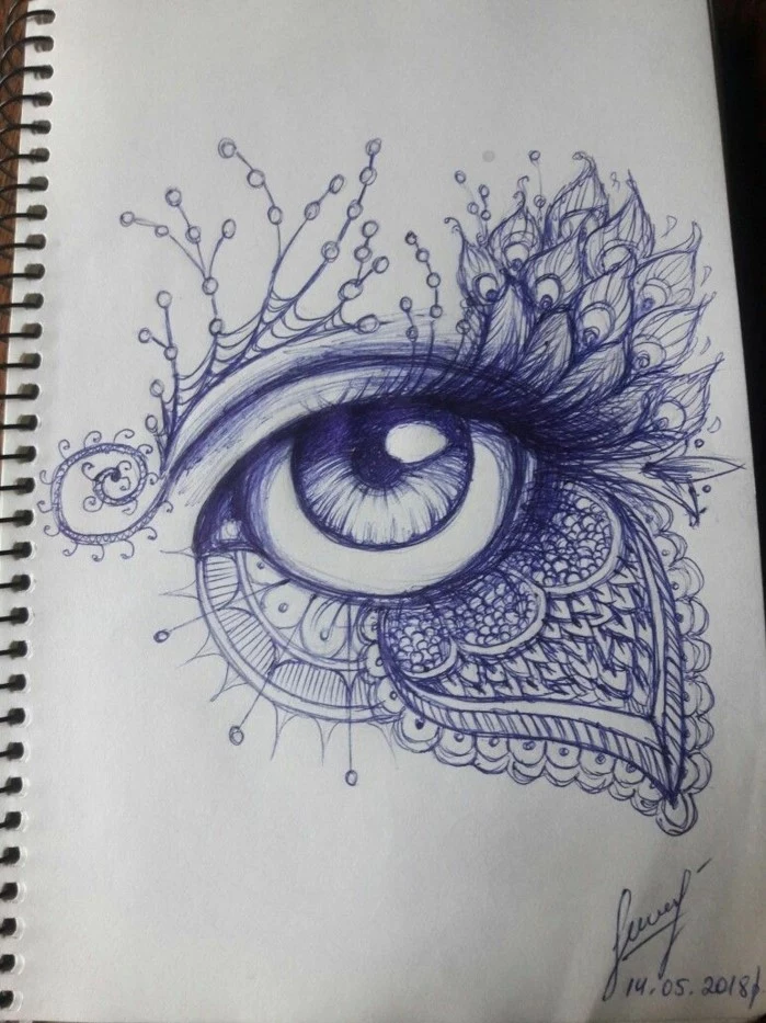 pen drawing of an eye, drawn on white background, different mandala drawings around it, how to draw closed eyes