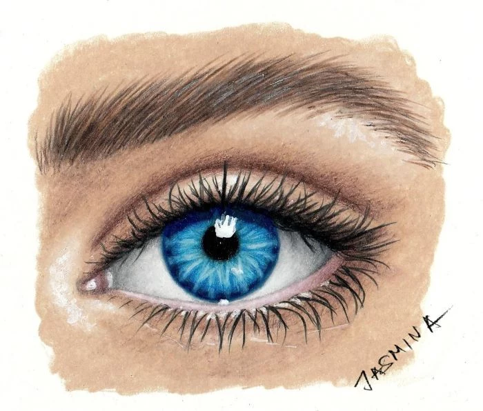 colored drawing of a female eye, how to draw closed eyes, blue eye with long eyelashes and thick eyebrow