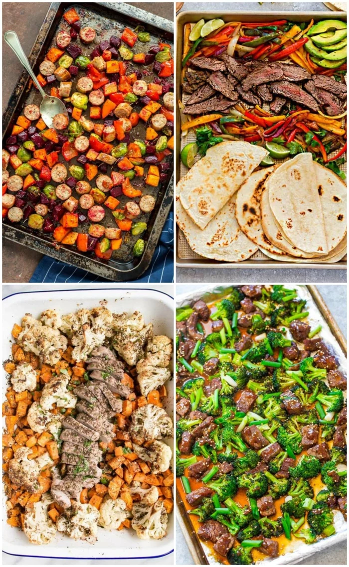 easy dinners for two, photo collage of different meals, cooked in a sheet pan, four side by side photos