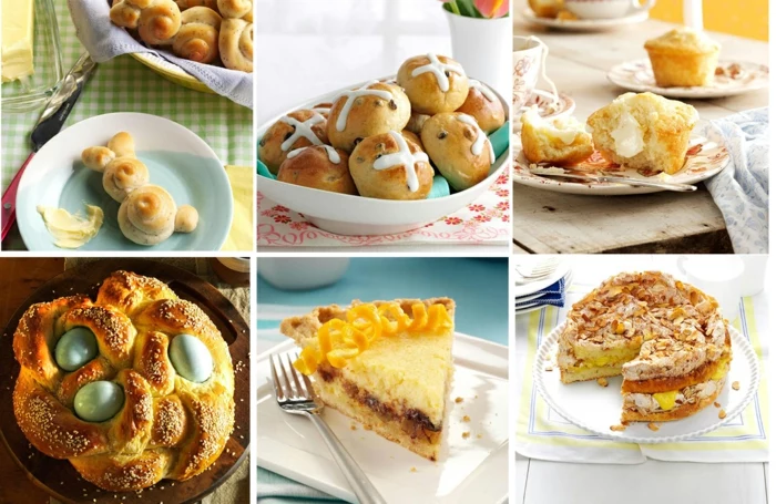 easter dinner ideas 2019, photo collage of different photos, different desserts and bread, side by side photos