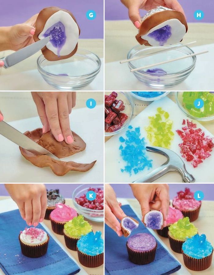photo collage of step by step diy tutorial, how to make geode cupcakes, geode birthday cake, colorful rock candy