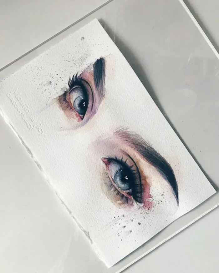 painting of a set of eyes, blue eyes with long lashes and thick eyebrows, how to draw cute eyes, painted on white background
