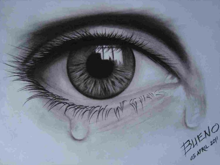 black pencil sketch of a crying eye, how to draw cute eyes, drawn on white background with long lashes
