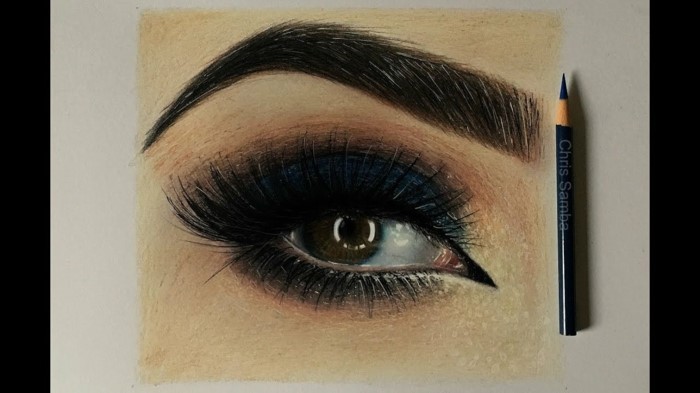 realistic colorful drawing, crying eye drawing, brown eye with long lashes, thick eyebrow above it