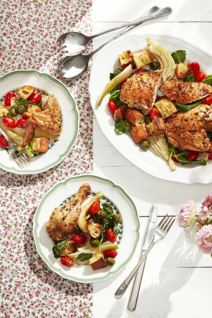 roasted chicken with fennel, placed in three white plates, easter buffet 2019, on white wooden table