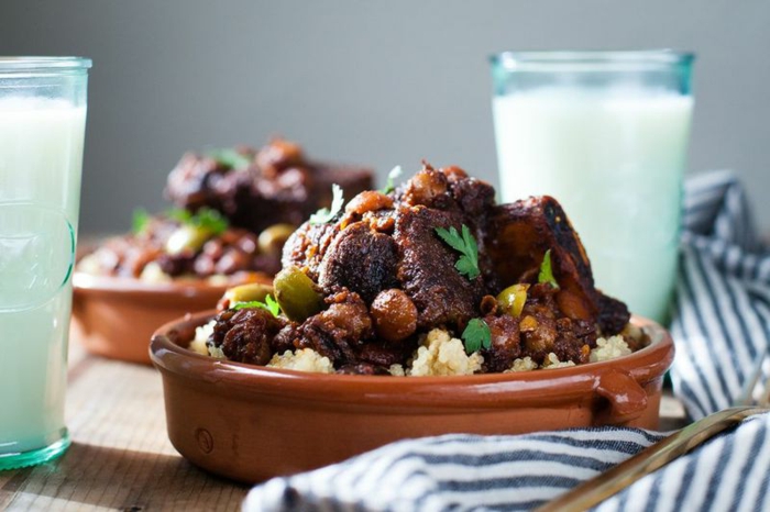 wooden table, braised short rib, placed in ceramic bowl with white rice, dinner ideas for two