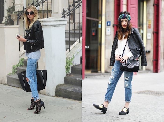 side by side photos, cute high school outfits, two women wearing jeans, black leather jackets, black shoes