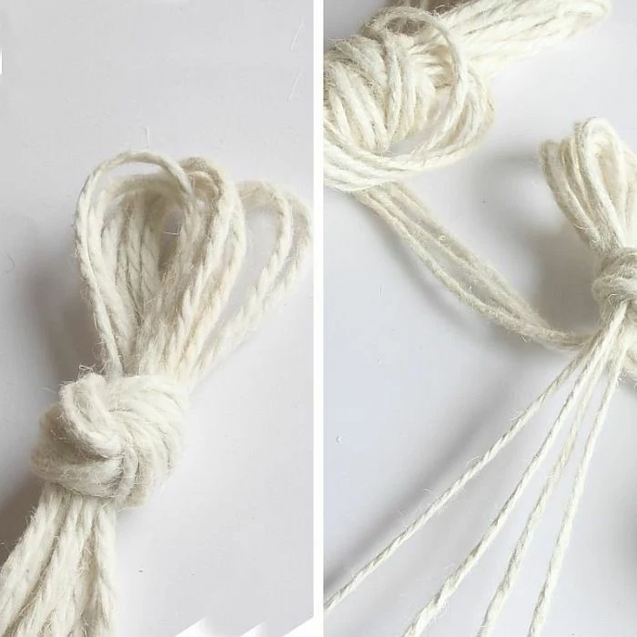 side by side photos of white macrame strands tied together, how to macrame, step by step diy tutorial