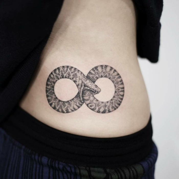 snake as an infinity symbol, tattoo on the side of the hip, what does ouroboros mean, woman with black shirt