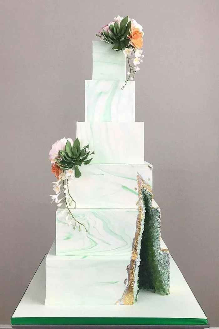 six tier square cake, covered with white and green marble fondant, geode birthday cake, decorated with green rock candy