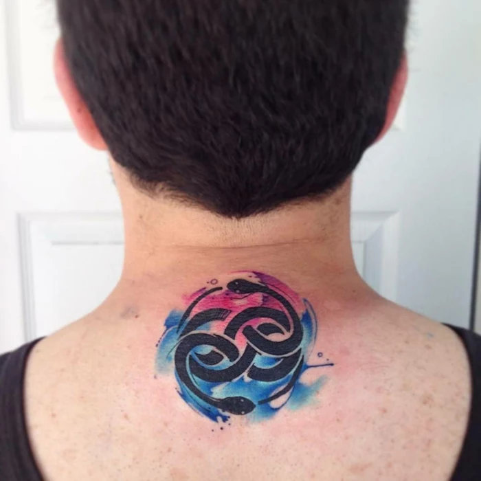 watercolor back tattoo, man with black hair wearing black top, what does ouroboros mean, two snakes intertwined