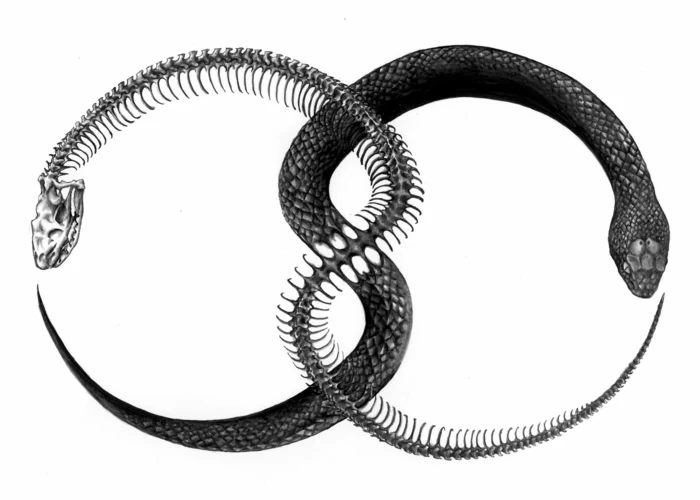 black drawing on white background, snake eating its own tail, snake and snake skeleton intertwined