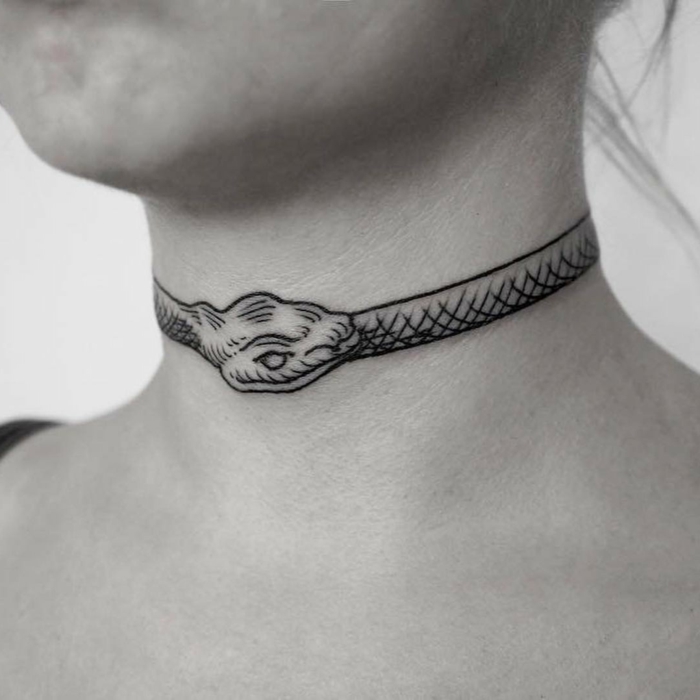 snake wrapped around a woman's throat, ouroboros meaning, black and white photo, beck tattoo