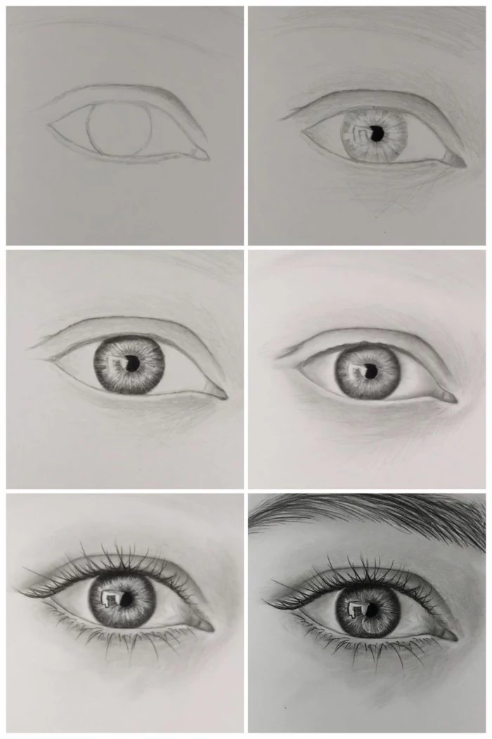 step by step diy tutorial in six steps, realistic eye drawing, crying eye drawing, black pencil sketch on white background