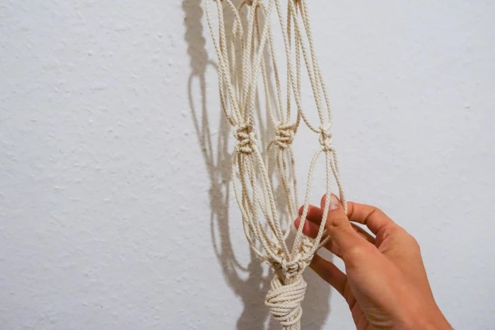 step by step diy tutorial, macrame plant hanger diy, different macrame knots, white background